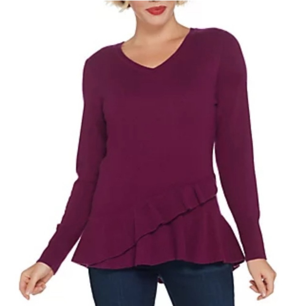 NWOT Isaac Mizrahi 100% Cashmere V-neck Peplum Sweater, Small